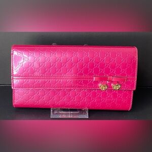 Gucci “Guccissma” Fuchsia Long Wallet with Gold Hearts and Monogram Authentic